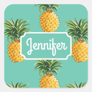 Tropische Ananas auf aquamarinem   addieren Ihren Quadratischer Aufkleber