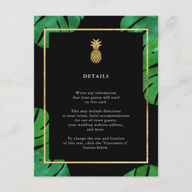 Tropische Ananas Beilagen Karten, Schwarz und Gold Begleitkarte (Vorderseite)