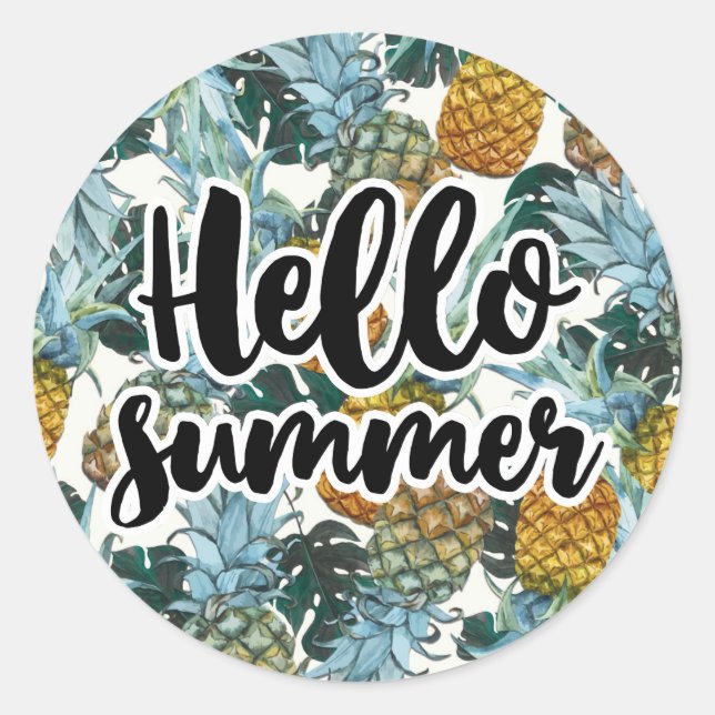 Tropische Ananas & Blätter Hallo Sommer Party Runder Aufkleber (Vorderseite)