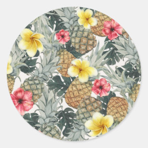 Tropische Ananas Blumen Blätter Exotische Party Runder Aufkleber