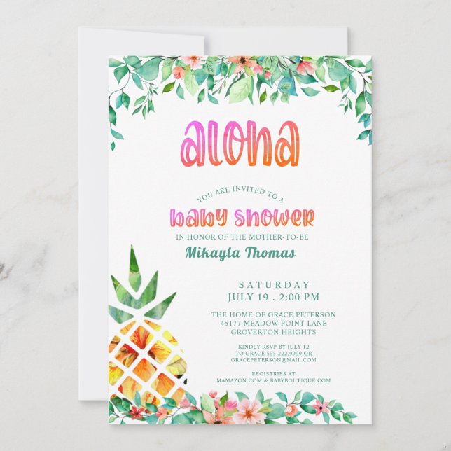 Tropische Ananas-Blütendusche Luau Einladung (Vorderseite)