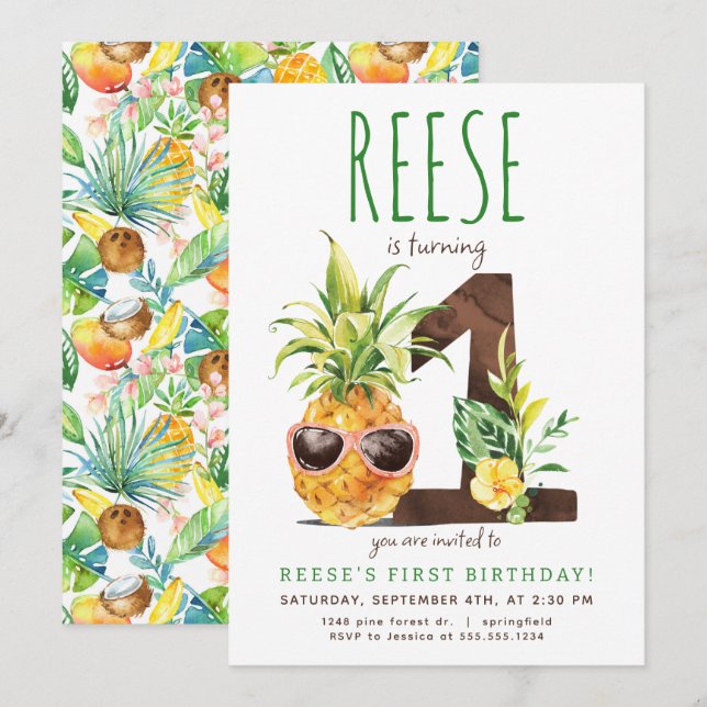 Tropische Ananas Einladung zum ersten Geburtstag (Vorne/Hinten)