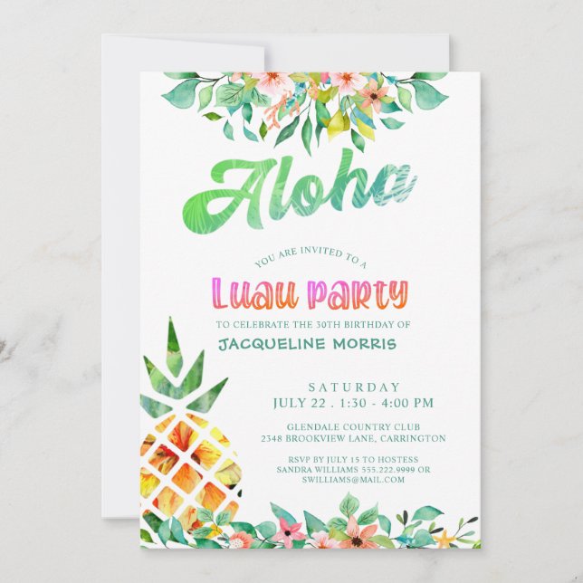 Tropische Ananas, Floral Luau, 30. Geburtstag Einladung (Vorderseite)