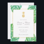 Tropische Ananas Gold retten die Datumskarten Save The Date<br><div class="desc">Tropische Ananas Speichern Sie die Datumskarten,  Teil unserer Sammlung von Hochzeitsartikeln für Ananas. Mit tropischen Aquarellfarben-Blätter im Hintergrund mit Imitaten goldenen Folienakzenten.</div>
