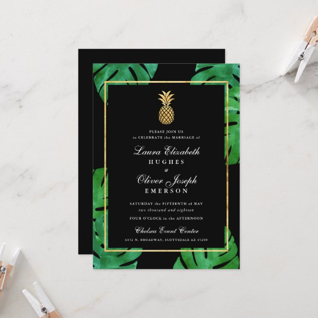 Tropische Ananas Hochzeit Einladung Black & Gold (Vorderseite/Rückseite Beispiel)