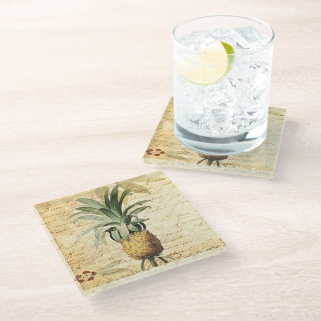 Tropische Ananas Kunst Glasuntersetzer (Schrägansicht)