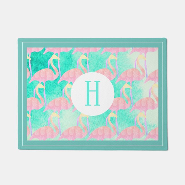 Tropische Ananas, rosa Flamingos und Wasserfarbe Fußmatte (Vorderseite)