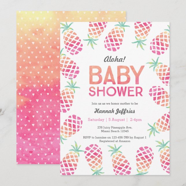 Tropische Ananas Rosa Kinderdusche Einladung (Vorne/Hinten)