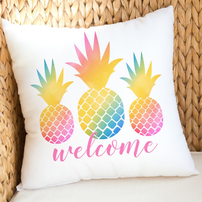 Tropische Ananas Rosa Regenbogen Aquarell Willkomm Kissen (Von Creator hochgeladen)