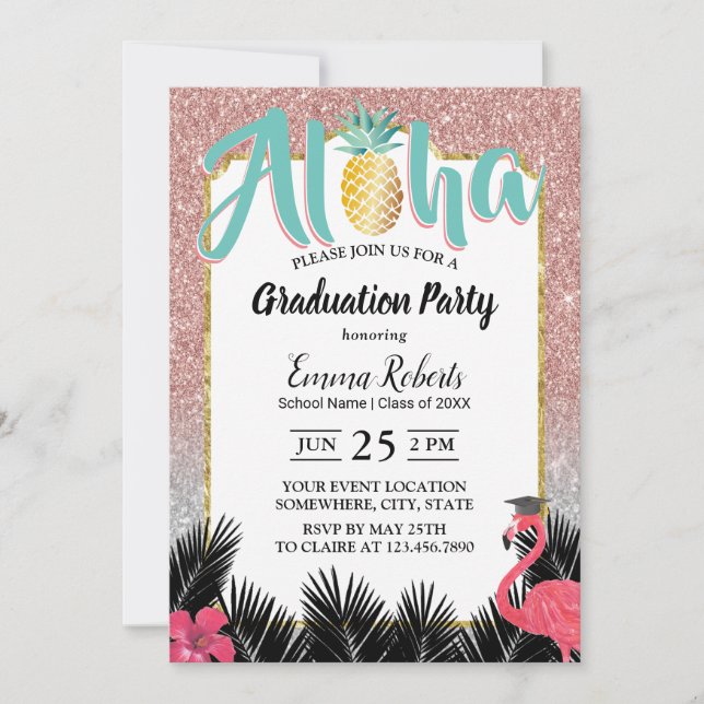 Tropische Ananas Rose Gold Glitzer Abschluss Einladung (Vorderseite)