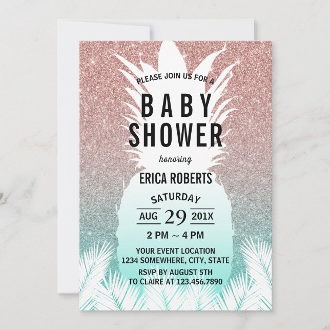 Tropische Ananas Rose Gold Glitzer Baby Dusche Einladung (Vorderseite)