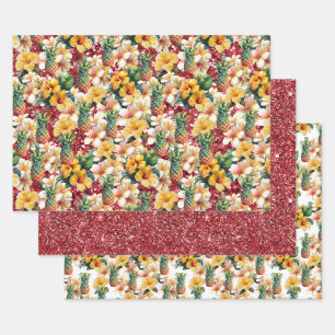 Tropische Ananas Roter Glitzer Geschenkpapier Set