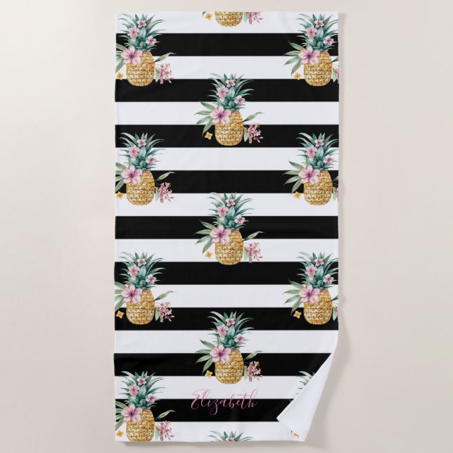Tropische Ananas, Schwarz-weiße Streifen Strandtuch (Vorderseite)