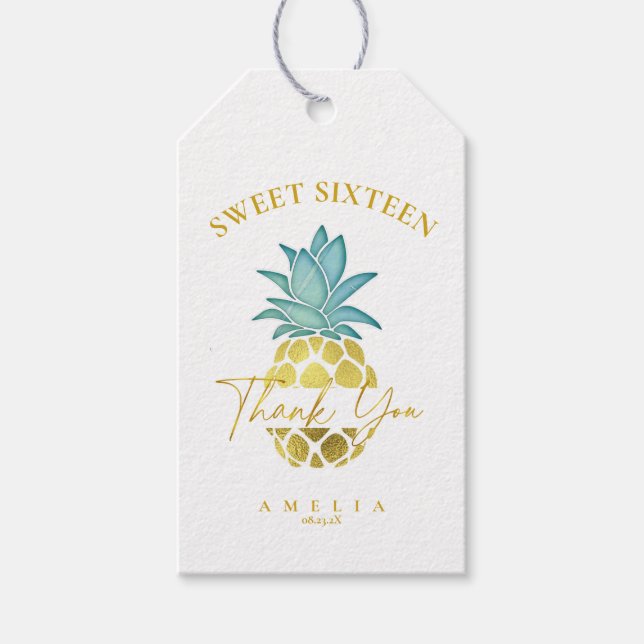 Tropische Ananas Sweet 16 Danke, ID922 Geschenkanhänger (Vorderseite)