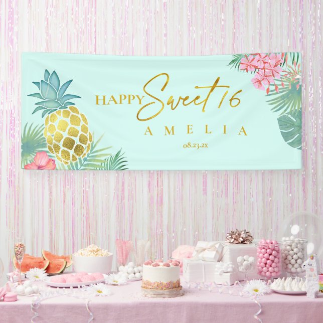 Tropische Ananas Sweet 16 Happy Birthday ID922 Banner (Party)