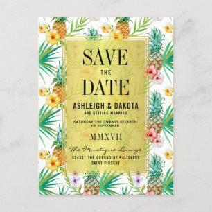 Tropische Ananas u. Hibiskus Save the Date Einladungspostkarte