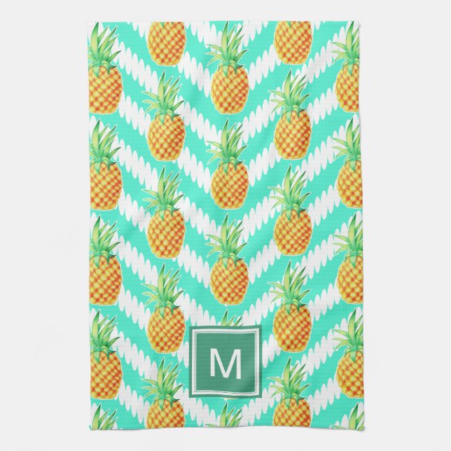 Tropische Ananas und Chevrons | Monogramm Handtuch (Vertikal)