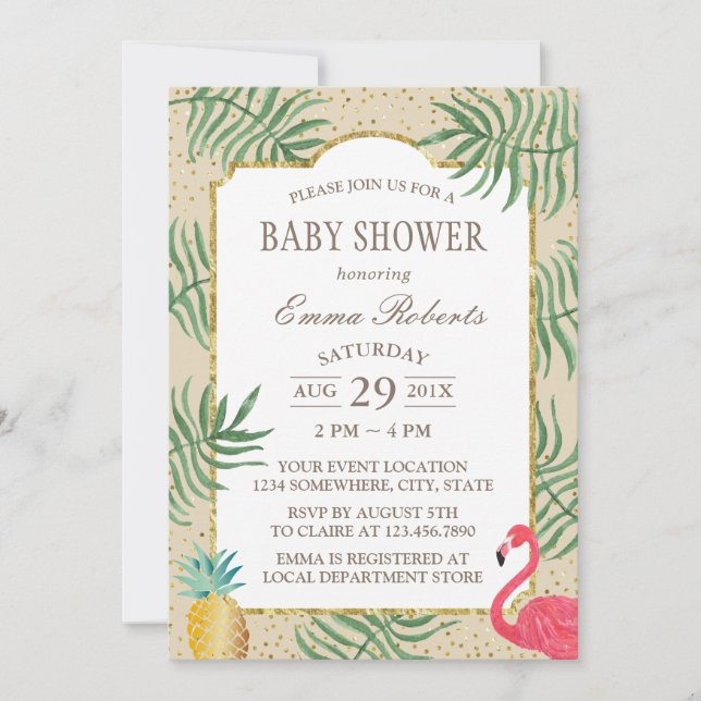 Tropische Ananas und Flamingo Beach Baby Dusche Einladung (Vorderseite)