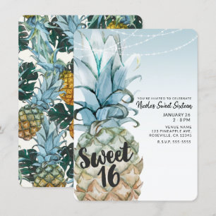 Tropische Ananas- und String-Lights Sweet 16 Party Einladung