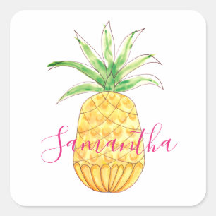 Tropische Ananas Wasserfarbe Personalisiert Quadratischer Aufkleber