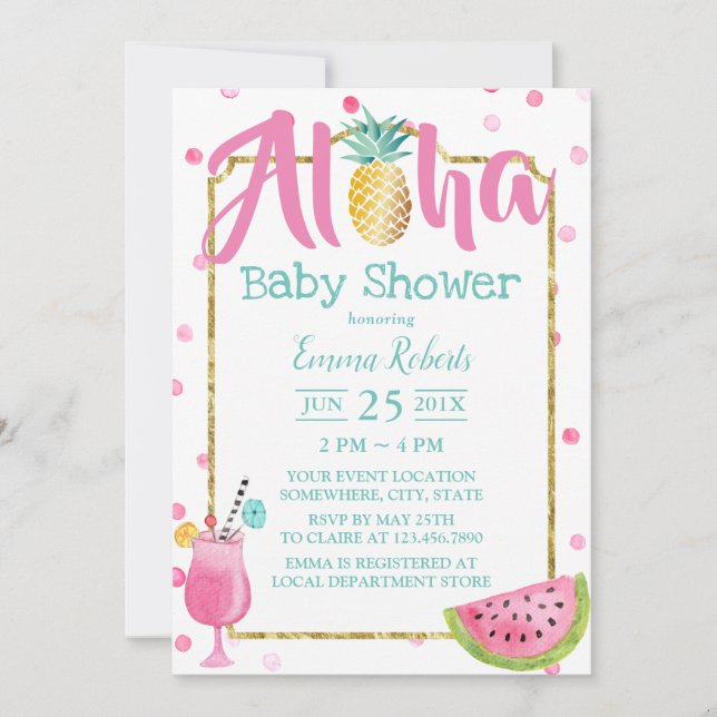 Tropische Ananas Watercolor Beach Baby Dusche Einladung (Vorderseite)