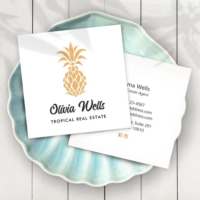 Tropische Ananas, weiß und Gold Calling Card Quadratische Visitenkarte (Von Creator hochgeladen)