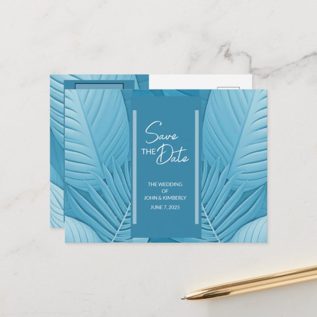 Tropische Aquamarine Hochzeitsankündigung Postkart Ankündigungspostkarte (Vorderseite/Rückseite Beispiel)