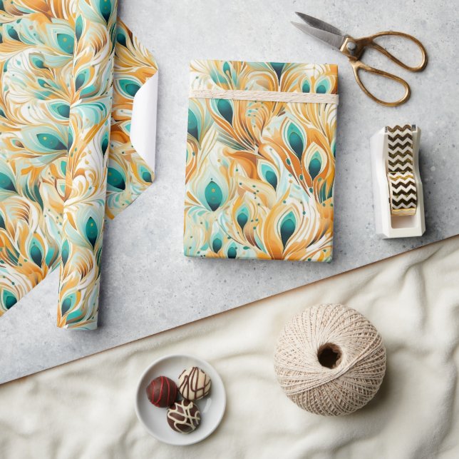 Tropische Aquamarine Mint Orange Peacock Feathers Geschenkpapier (Kunsthandwerk)