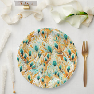 Tropische Aquamarine Mint Orange Peacock Feathers Pappteller