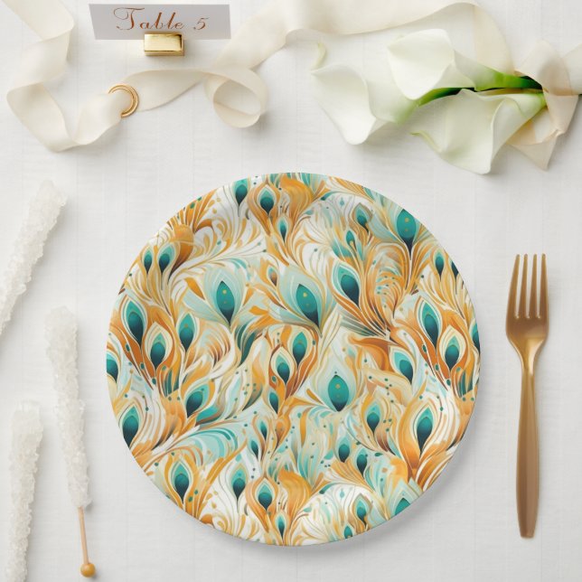 Tropische Aquamarine Mint Orange Peacock Feathers Pappteller (Hochzeit)
