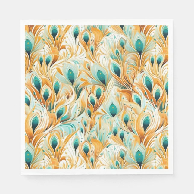 Tropische Aquamarine Mint Orange Peacock Feathers Serviette (Vorderseite)