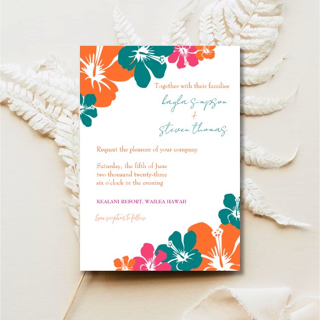 Tropische Aquamarine Orange Pink Hibiskus Hochzeit Einladung (Von Creator hochgeladen)
