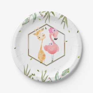Tropische Aquarell-Flamingo-u. Giraffen-Babyparty Pappteller