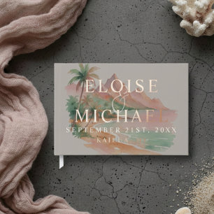 Tropische Aquarell-Insel-Sonnenuntergangs-Hochzeit Gästebuch