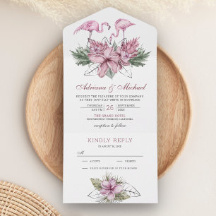 Tropische Aquarell-Rosa-Floral-Flamingo-Hochzeit All In One Einladung