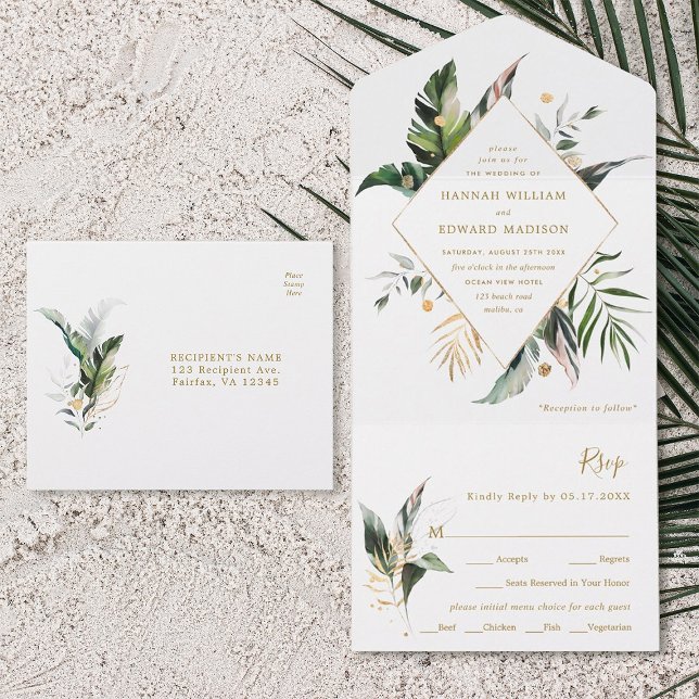 Tropische Aquarelle Gold Hochzeit All In One Einladung (Von Creator hochgeladen)