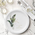Tropische Aquarelle Gold Hochzeit Pappteller<br><div class="desc">Diese Hochzeitspapierplatte zeichnet sich durch ein tropisches,  wasserfarbenes Blattwerk mit goldenen Blätter aus. Es ist ideal für einen Strand oder eine Hochzeit in Urlaubsort. Die Hintergrundfarbe kann geändert werden. >>>> Karo aus der gesamten Auflistung >>> https://www.zazzle.com/collections/tropical_foliage_gold_collection-119316977990783186</div>