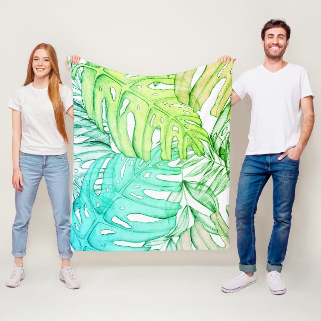 Tropische Aquarellfarbe Pastel Monstera Fleecedecke (Beispiel)