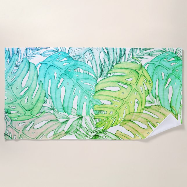 Tropische Aquarellfarbe Pastel Monstera Strandtuch (Vorderseite)