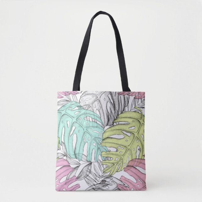 Tropische Aquarellfarbe Pastel Monstera Tasche (Vorderseite)