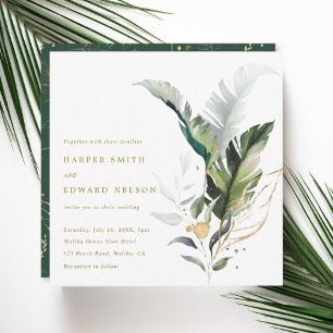 Tropische Aquarellfarben-Blätter Gold Wedding Squa Einladung