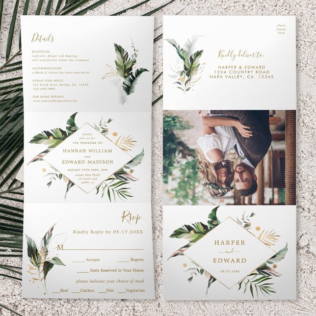 Tropische Aquarellfarben-Blätter Goldhochzeit Dreifach Gefaltete Einladung (Front & Back)