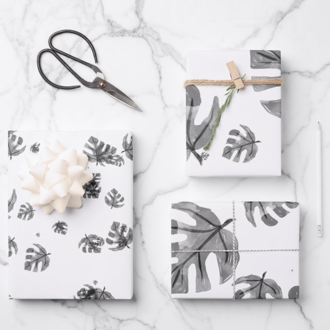 Tropische Aquarellfarben, schwarze Blätter, Packpa Geschenkpapier Set (Vorderseite)