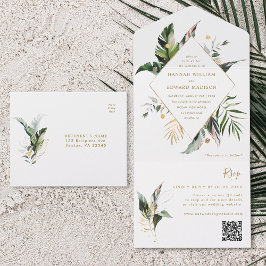 Tropische Aquarellfolien Gold Hochzeitstitel QR Co All In One Einladung
