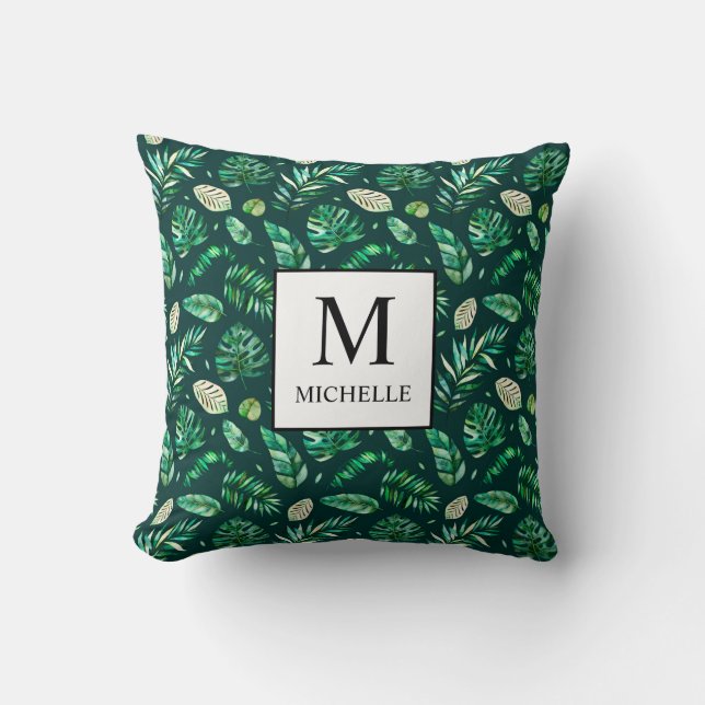 Tropische Aquarellpalme-Blätter Monogramm Kissen (Vorderseite)