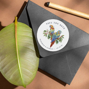 Tropische Ara Save-the-Date-Hochzeit Runder Aufkleber