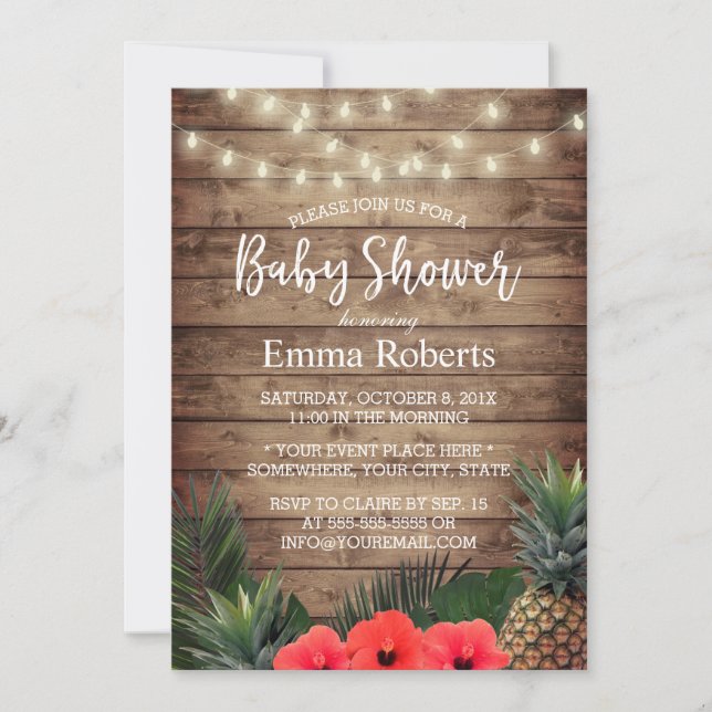 Tropische Baby-Dusche Ananas- und String-Lights Einladung (Vorderseite)