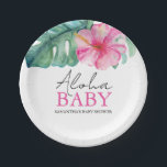 Tropische Babydusche verfügbar Pappteller<br><div class="desc">Die Teller mit Babyduschpapier sind mit tropischen Aquarellfarben-Hibiskus-Blume in Rosatönen mit Monstera-Palmen-Blätter ausgestattet. Die Worte "Aloha Baby" sind Set in trendiger Typografie. Verwenden Sie die Vorlagenfelder, um Ihren benutzerdefinierten Text hinzuzufügen. Eine schöne Wahl für leckere Babydusche und tropische Babyduschdekorationen. Um mehr Babydusche Teller und Servietten wie diesen Besuch www.zazzle.com/dotellabelle Einzigartige...</div>