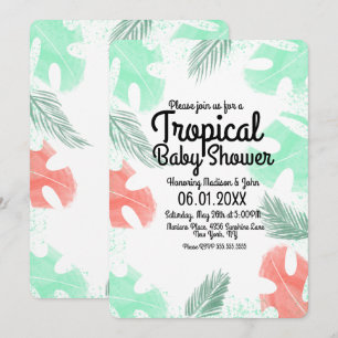 Tropische Babyparty Wasserfarbe Monstera Koralle Einladung