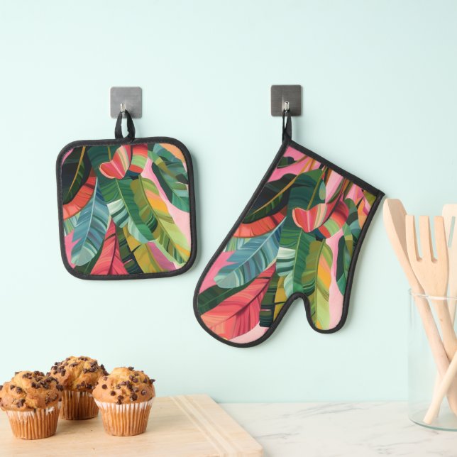 Tropische Bananen-Blätter Ofenhandschuh & Topflappen-Set (Insitu (Hängend))